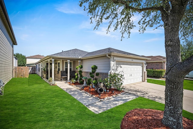 view of front of home with driveway, fence, an attached garage, a porch, and a front lawn