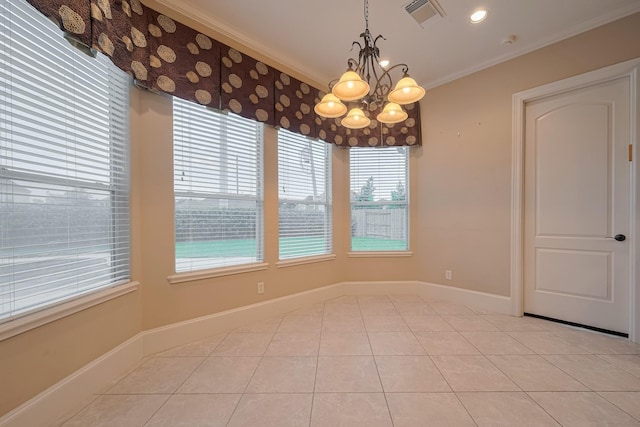 12404 Baymeadow Dr, Pearland, TX 77584 - empty room with baseboards, visible vents, crown molding, light tile patterned floors, and a notable chandelier