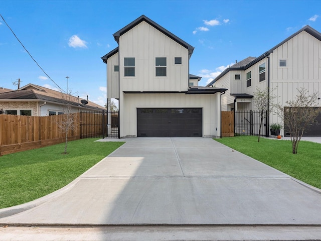 modern inspired farmhouse with a front yard, board and batten siding, a gate, and a garage