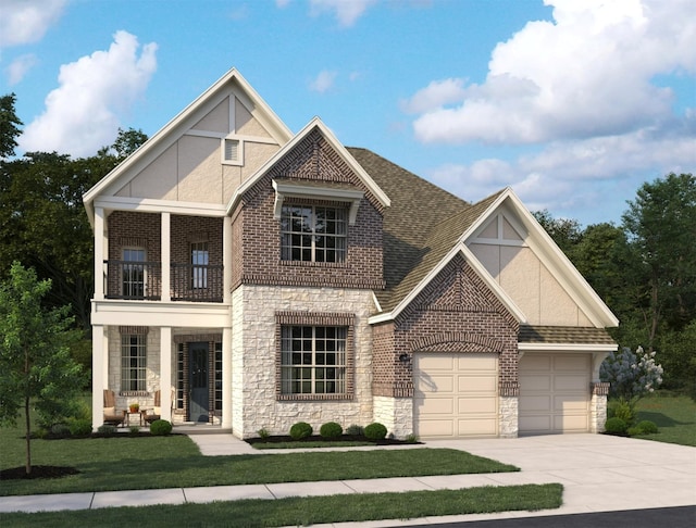 craftsman-style home featuring concrete driveway, an attached garage, stone siding, and a balcony