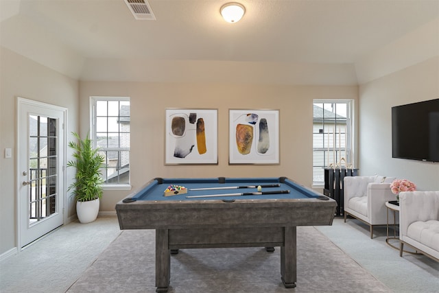 game room featuring billiards, carpet, baseboards, and visible vents