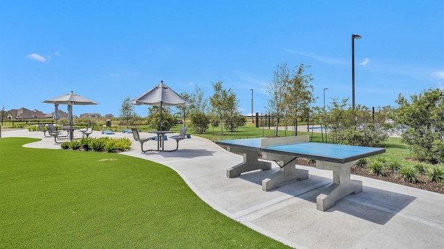 view of community with a yard and a patio
