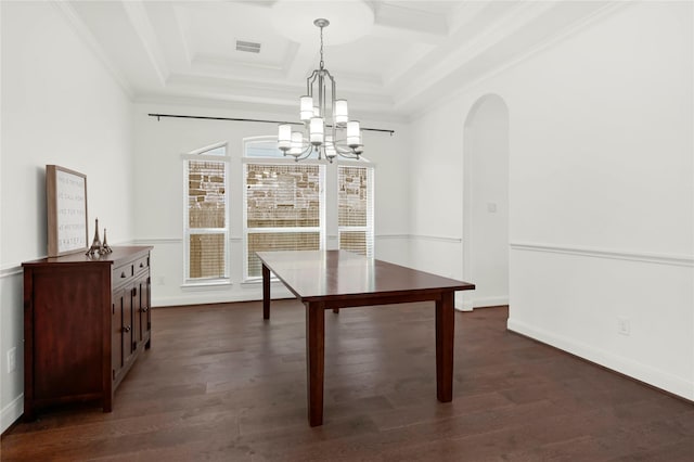 18914 Trinity Star Dr, Cypress, TX 77433 - dining room with a chandelier, dark wood finished floors, ornamental molding, arched walkways, and coffered ceiling