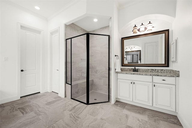 18914 Trinity Star Dr, Cypress, TX 77433 - full bath featuring a shower stall, marble look tiles, crown molding, baseboards, and vanity