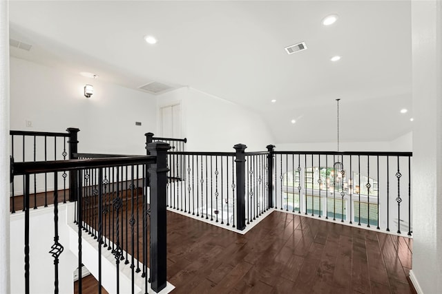 18914 Trinity Star Dr, Cypress, TX 77433 - hallway featuring wood finished floors, an upstairs landing, recessed lighting, baseboards, and vaulted ceiling