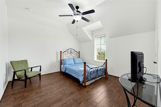 18914 Trinity Star Dr, Cypress, TX 77433 - bedroom featuring dark wood-style floors, lofted ceiling, ceiling fan, and baseboards