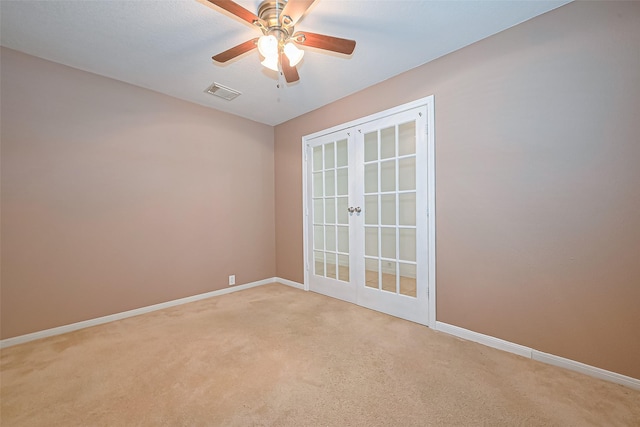 10406 Nickel Grove Dr, Houston, TX 77095 - spare room featuring french doors, light carpet, baseboards, and ceiling fan