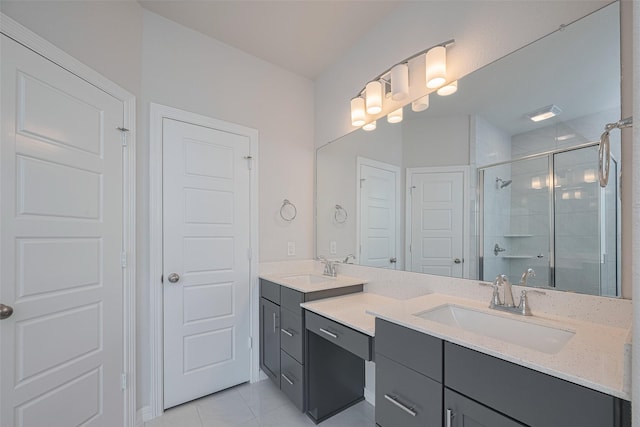 bathroom featuring a stall shower, two vanities, and tile patterned floors