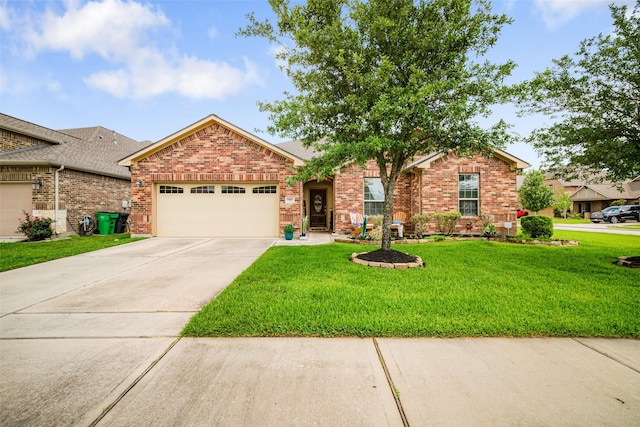 view of front facade featuring a garage, driveway, brick siding, and a front lawn