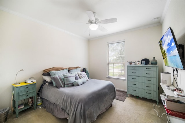 bedroom with light colored carpet, crown molding, a ceiling fan, and baseboards