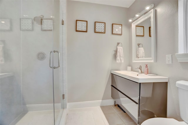 full bath featuring tile patterned flooring, toilet, a shower stall, and vanity