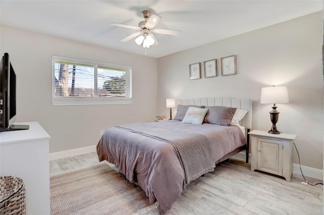 bedroom featuring light wood-type flooring, baseboards, and ceiling fan