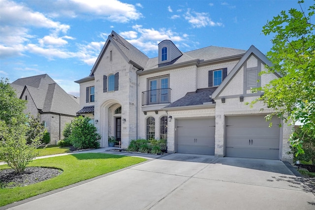 23907 Birchwood Lake Ln, Katy, TX 77493 - french country style house featuring a balcony, concrete driveway, a front lawn, and stone siding
