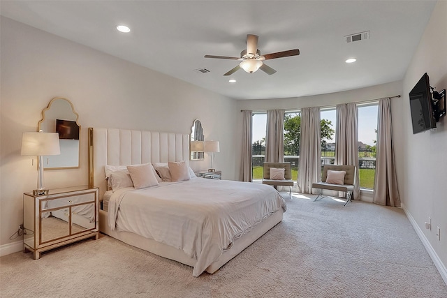 23907 Birchwood Lake Ln, Katy, TX 77493 - bedroom featuring light carpet, recessed lighting, baseboards, and a ceiling fan