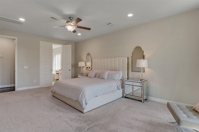 23907 Birchwood Lake Ln, Katy, TX 77493 - bedroom with carpet floors, baseboards, recessed lighting, ensuite bath, and ceiling fan