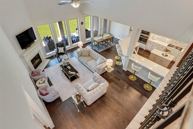23907 Birchwood Lake Ln, Katy, TX 77493 - living area with a ceiling fan, wood finished floors, a fireplace, and vaulted ceiling