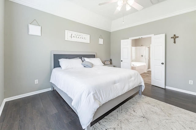 bedroom with baseboards, connected bathroom, a ceiling fan, and wood finished floors