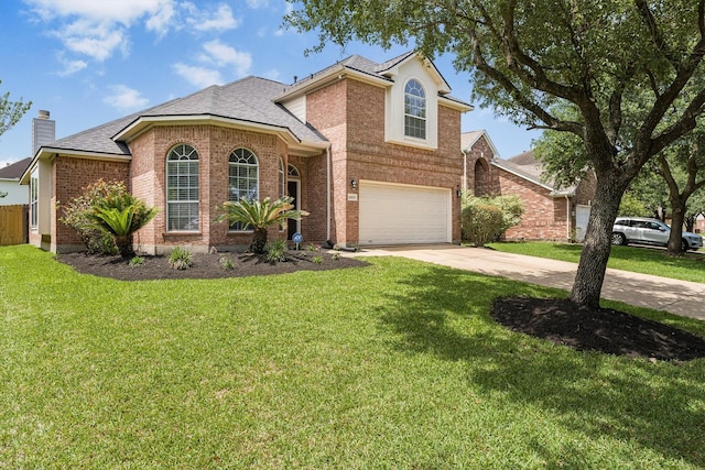 traditional-style house featuring concrete driveway, a front yard, brick siding, and an attached garage