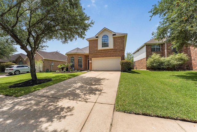 traditional home featuring concrete driveway, a front lawn, brick siding, and an attached garage