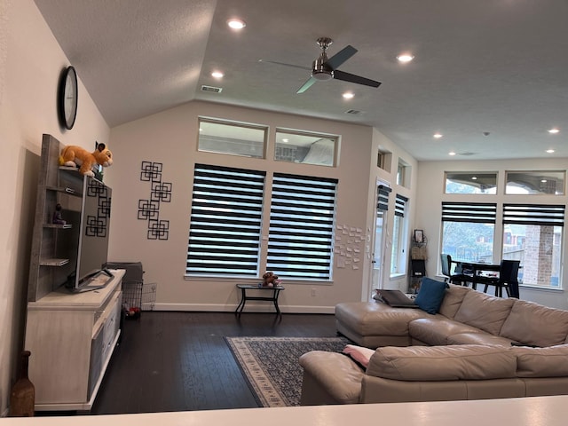 25215 Quiet Run Trl, Richmond, TX 77406 - living room featuring lofted ceiling, recessed lighting, dark wood-style flooring, a ceiling fan, and baseboards