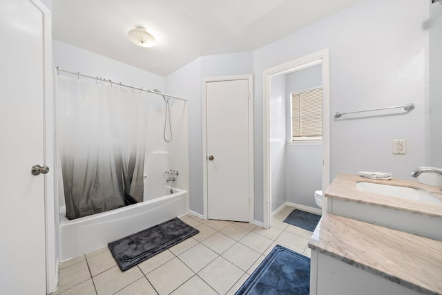full bathroom featuring shower / tub combo, toilet, baseboards, tile patterned floors, and vanity