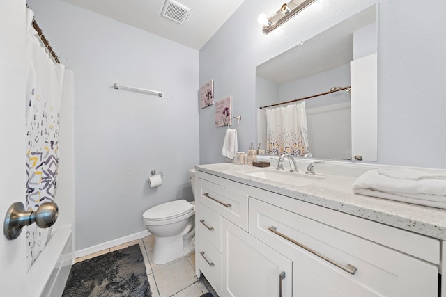 full bath with toilet, tile patterned floors, visible vents, baseboards, and vanity
