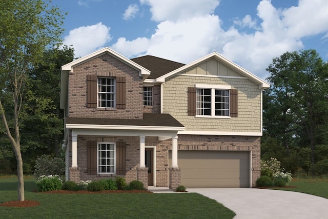 5042 Celestial Ct, La Marque, TX 77563 - craftsman house with an attached garage, driveway, brick siding, and a front lawn
