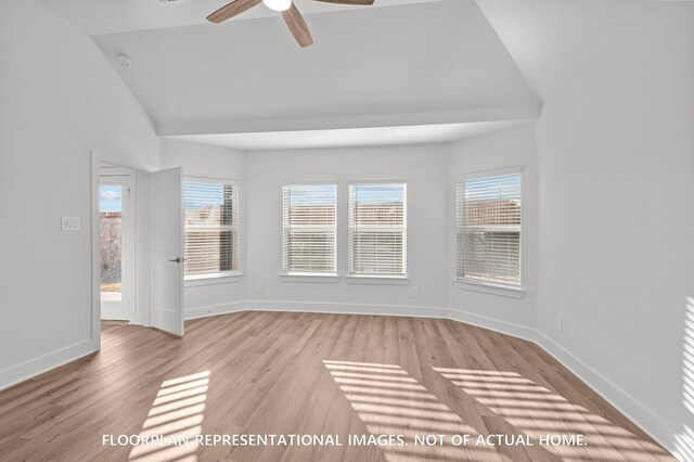 5042 Celestial Ct, La Marque, TX 77563 - spare room featuring ceiling fan, light wood-style floors, baseboards, and lofted ceiling