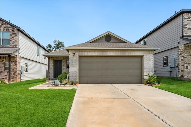 25388 Leather Leaf Ct, Montgomery, TX 77316 - view of front of property with an attached garage, a shingled roof, a front yard, brick siding, and driveway