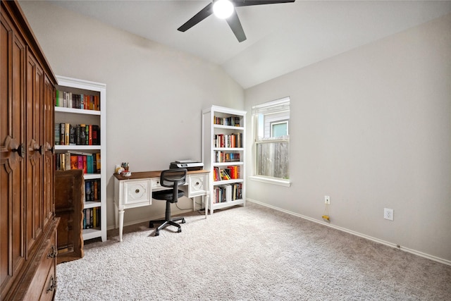 25388 Leather Leaf Ct, Montgomery, TX 77316 - home office featuring baseboards, carpet flooring, ceiling fan, and vaulted ceiling