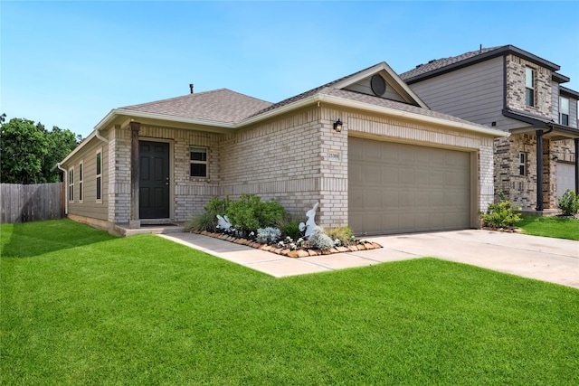 25388 Leather Leaf Ct, Montgomery, TX 77316 - view of front of property with driveway, brick siding, fence, an attached garage, and a front lawn