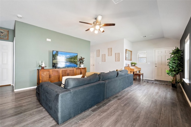 25388 Leather Leaf Ct, Montgomery, TX 77316 - living area featuring vaulted ceiling, baseboards, wood finished floors, and a ceiling fan