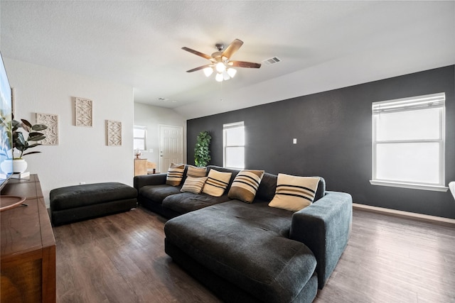 25388 Leather Leaf Ct, Montgomery, TX 77316 - living area with baseboards, a ceiling fan, visible vents, and wood finished floors