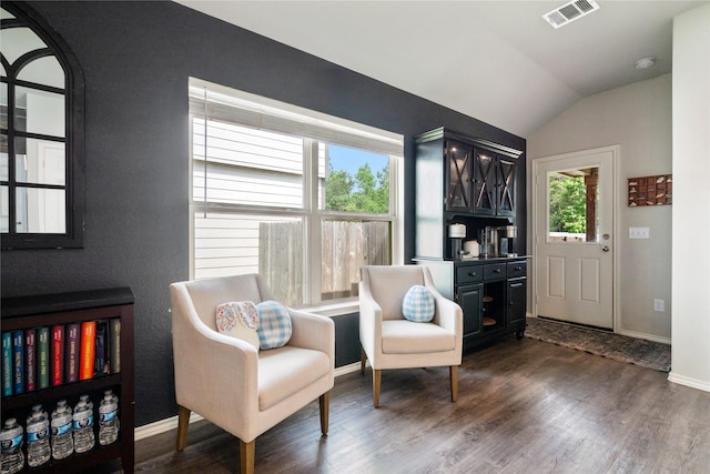 25388 Leather Leaf Ct, Montgomery, TX 77316 - sitting room with lofted ceiling, baseboards, dark wood-type flooring, and visible vents