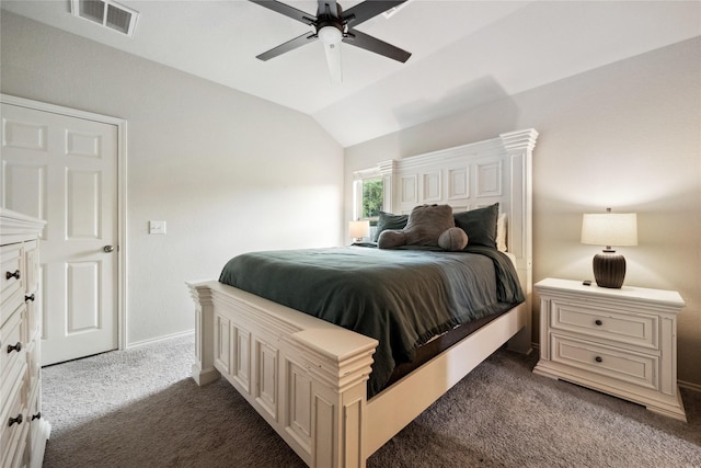 25388 Leather Leaf Ct, Montgomery, TX 77316 - bedroom featuring carpet, visible vents, baseboards, ceiling fan, and lofted ceiling