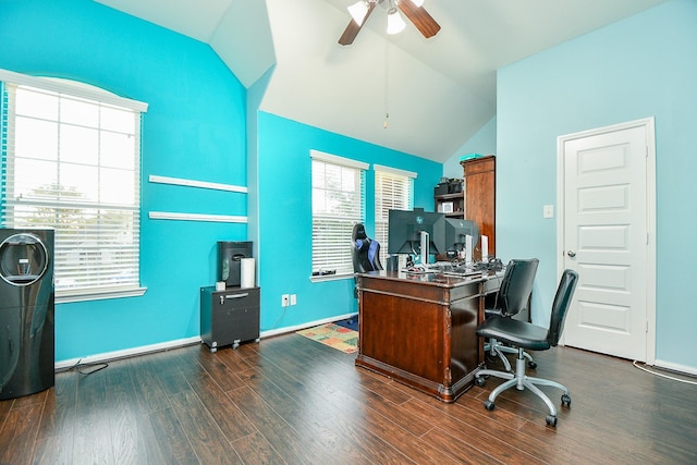 office featuring baseboards, vaulted ceiling, dark wood-style flooring, and a ceiling fan