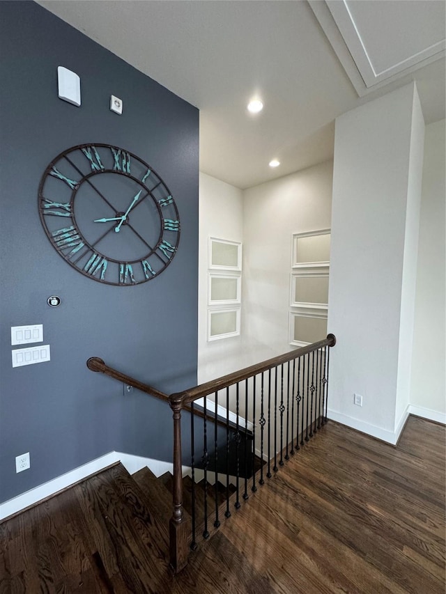 stairs featuring baseboards, recessed lighting, and wood finished floors