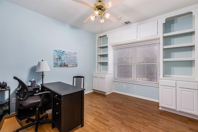 19231 Kelly Pines Ct, Humble, TX 77346 - office featuring visible vents, wood finished floors, baseboards, and ceiling fan