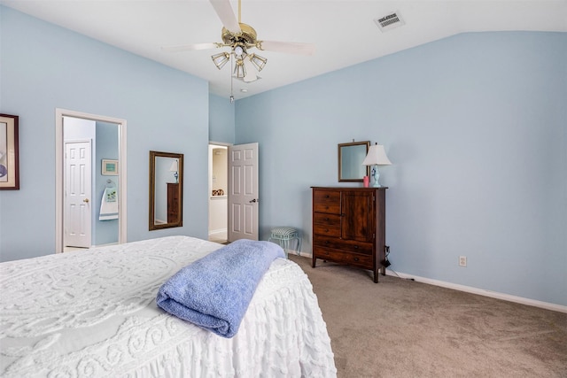 19231 Kelly Pines Ct, Humble, TX 77346 - bedroom with light colored carpet, visible vents, vaulted ceiling, a ceiling fan, and baseboards