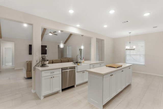 19503 Fisher Dr, Tomball, TX 77377 - kitchen featuring a sink, ceiling fan with notable chandelier, visible vents, stainless steel dishwasher, and a kitchen island