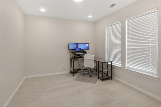 19503 Fisher Dr, Tomball, TX 77377 - home office with baseboards, visible vents, and recessed lighting