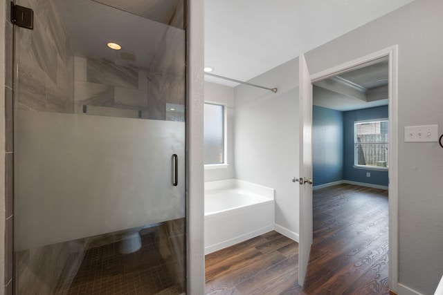 15319 Sableton Crest Ln, Cypress, TX 77429 - full bath featuring a stall shower, a bath, and wood finished floors