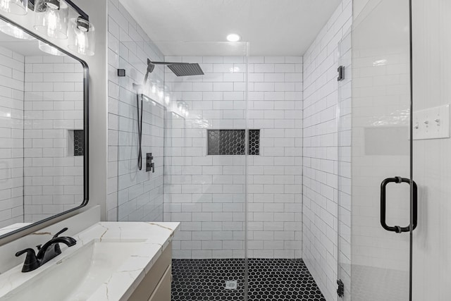 213 Westview Dr, Sealy, TX 77474 - full bath with a stall shower, vanity, recessed lighting, and tile patterned flooring