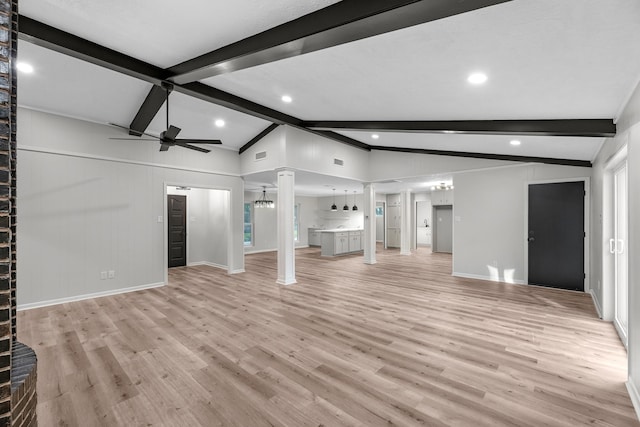 213 Westview Dr, Sealy, TX 77474 - unfurnished living room with decorative columns, a ceiling fan, light wood-type flooring, and recessed lighting