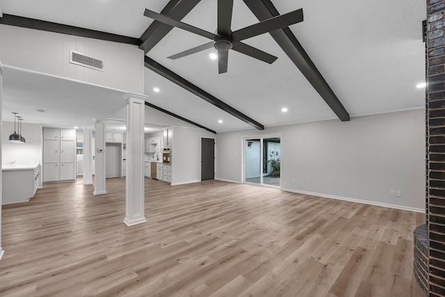 213 Westview Dr, Sealy, TX 77474 - unfurnished living room with ornate columns, a ceiling fan, light wood-style floors, and recessed lighting