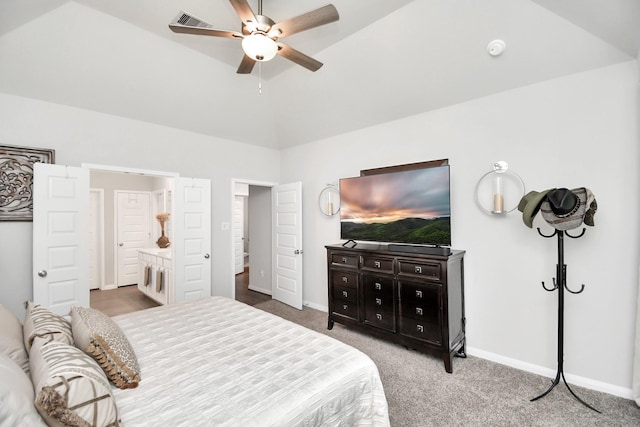 carpeted bedroom featuring a ceiling fan, baseboards, high vaulted ceiling, and visible vents