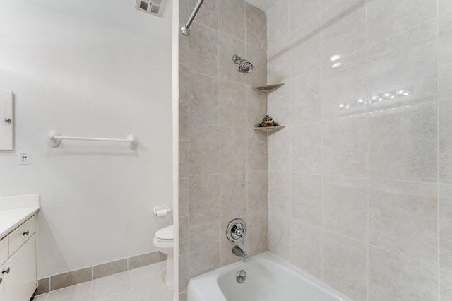 full bath featuring toilet, vanity, visible vents, tile patterned flooring, and  shower combination