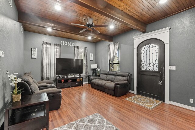 1316 Norham St, Houston, TX 77022 - living area featuring wood finished floors, ceiling fan, wooden ceiling, and a textured wall