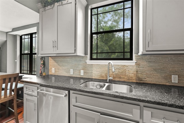 1316 Norham St, Houston, TX 77022 - kitchen with a sink, stainless steel dishwasher, decorative backsplash, and dark stone countertops