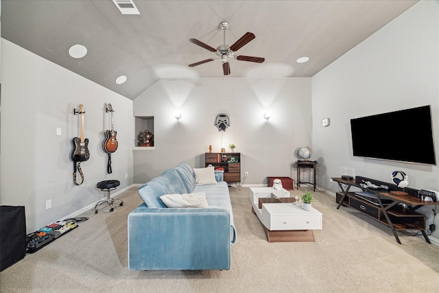carpeted living area with vaulted ceiling, visible vents, baseboards, and a ceiling fan